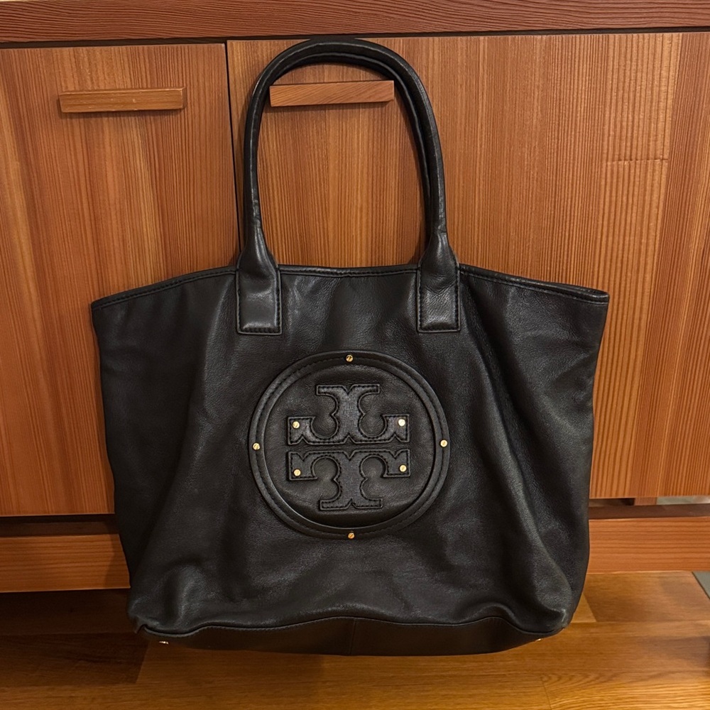 Tory Burch Black Leather Tote with Large Logo
